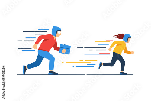 Two people in helmets running fast with motion lines, one carrying a package