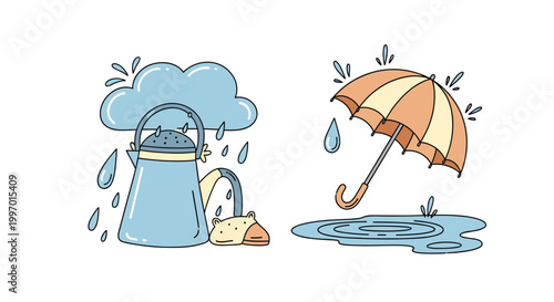 Cute cartoon watering can and umbrella in the rain with puddles