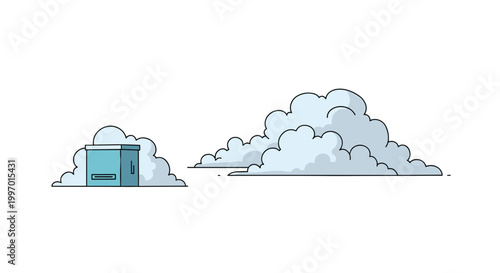 Abstract blue box object floating among stylized clouds on a white background