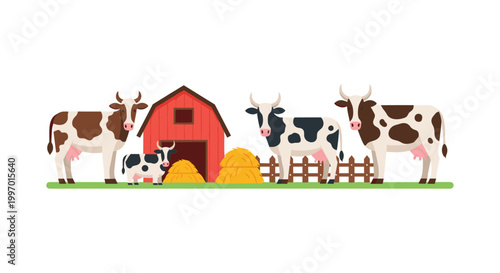 Farm scene with cows, barn, and hay bales in a flat illustration style