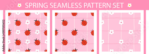 Flower, ladybug, and summer pattern with gingham, cute, seamless, floral, and kawaii set bg. Spring daisy print and pink botanical textile background