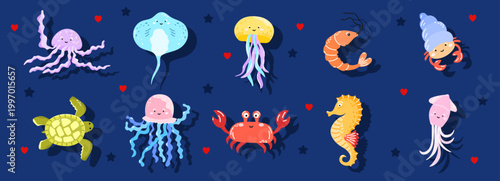 Fish stingray octopus for kawaii cute jellyfish and shrimp crab seahorse. Squid turtle crustacean for children underwater aquarium and reef sea clipart. Fish animal fauna for kawaii ocean
