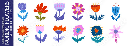 Flower nordic abstract with scandinavian folk botanical for illustration spring vector. Art pattern geometric with summer easter icon for floral set clipart. Collection ethnic flower