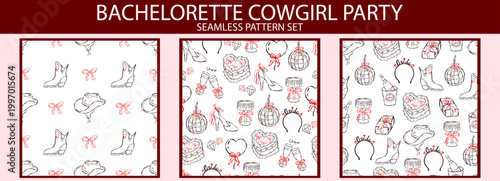 Whimsical party cowboy with bachelorette cowgirl set and retro wedding disco. Valentine doodle seamless with pattern love romantic and bday birthday bg. Textile fabric whimsical with boot