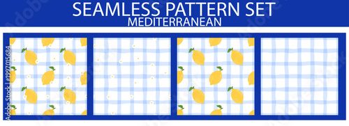 Lemon gingham Mediterranean seamless pattern and set summer texture. Tartan blue yellow with plaid check tablecloth and picnic kids easter. Background vector lemon
