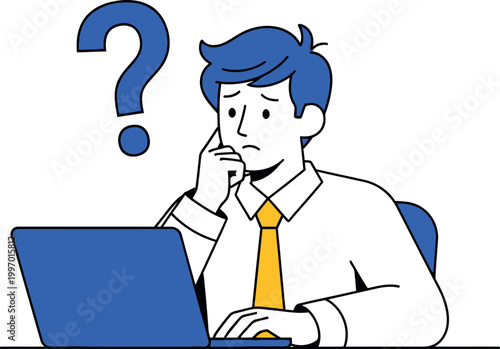 A puzzled businessman with bright blue hair contemplates a question mark above his head while using a laptop