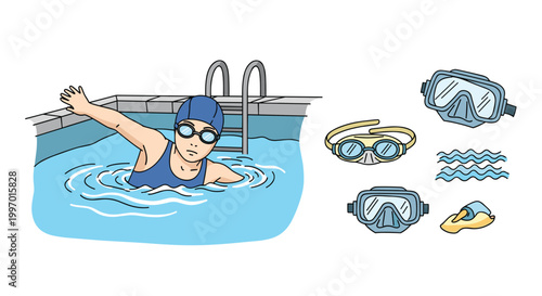 Young swimmer in blue cap and goggles practicing strokes in a swimming pool