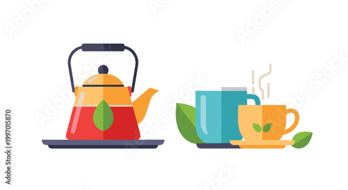 Flat design illustration of a teapot and cups of hot tea with steam rising