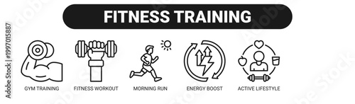 Fitness Training web banner icon vector illustration concept with icons of gym training, fitness workout, morning run, energy boost, active lifestyle, and stretch exercise. 
