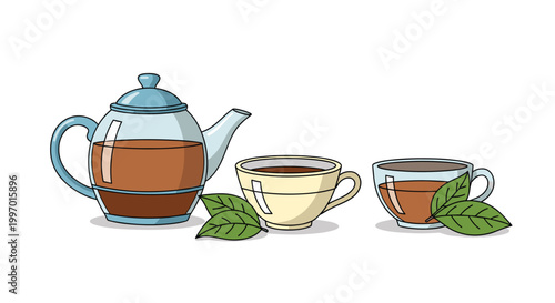 Illustration of a teapot and two cups of tea with fresh green leaves