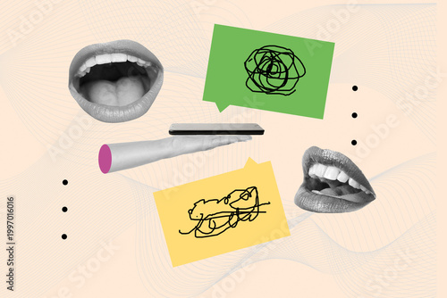 Collage of a woman hand holding a smartphone, two mouths and two speech bubble with black scribbles