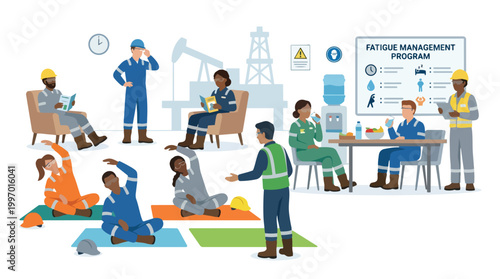 Fatigue Management Program for Oil Industry Workers Diverse Team Safety Training Illustration Vector