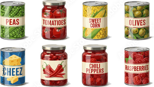 Illustrations of Various Canned Foods Including Peas, Tomatoes, Sweet Corn, Olives, Cheez, Chili Peppers, and Raspberries for Food Packaging Designs