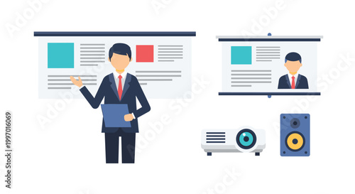 Business presentation with projector and speaker, professional meeting setup