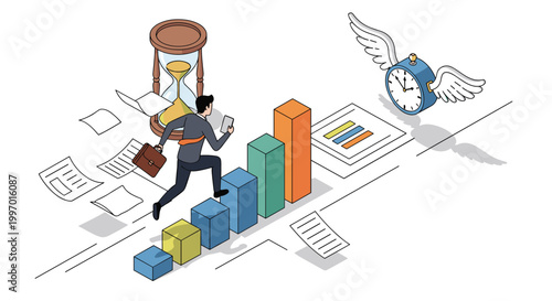 Ambitious businessman runs up a rising bar graph toward a flying alarm clock representing the pressure of time and deadlines.