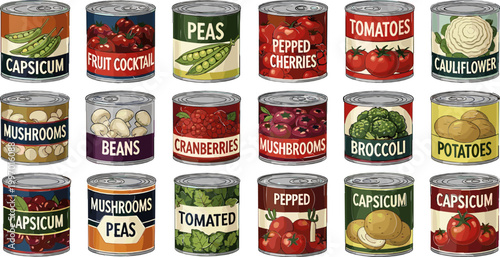 Illustrations of Various Canned Vegetables and Fruits Including Capsicum, Tomatoes, Mushrooms, and Peas for Food Packaging Designs