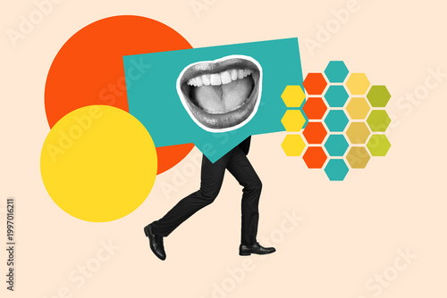 Collage of businessman legs and a speech bubble with an open mouth on it and colored circles on a pink background