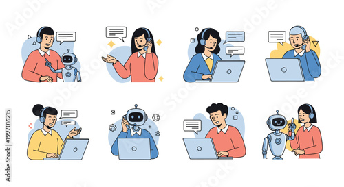Diverse customer support agents and humanoid robots using laptops and headsets to assist clients in a call center setting.