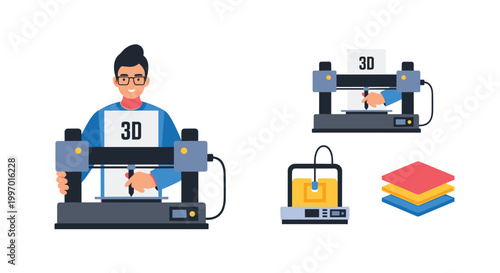 Man operating a 3D printer and other related technology icons