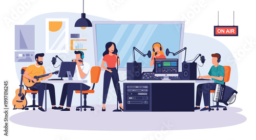 Music band recording a song in a professional studio with various instruments like guitar, accordion, and microphones.