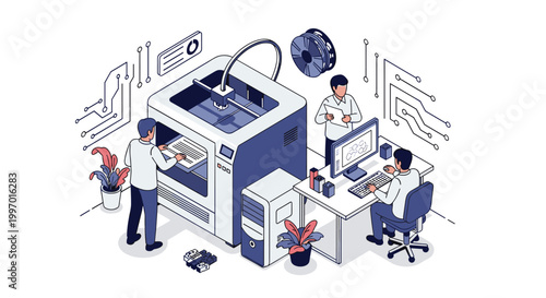 Engineers working in a high-tech laboratory using a 3D printer to create prototypes and models for industrial manufacturing.