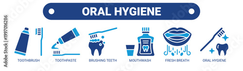 Oral Hygiene web banner icon vector illustration concept with icons of toothbrush, toothpaste, brushing teeth, mouthwash, fresh breath, and oral hygiene. 