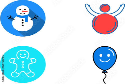 Illustrations of Winter and Fun Icons Including Snowman, Gingerbread, and Balloon for Holiday and Celebration Designs