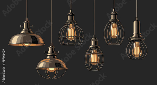 Collection of vintage industrial style pendant lights with warm glowing bulbs hanging against a dark gray background.