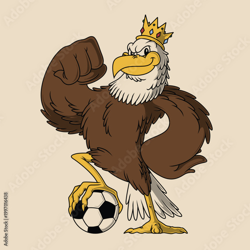 Retro Cartoon Eagle Mascot with Crown and Soccer Ball