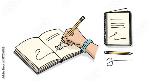 Hand drawing a signature in a notebook with a pencil and smartwatch
