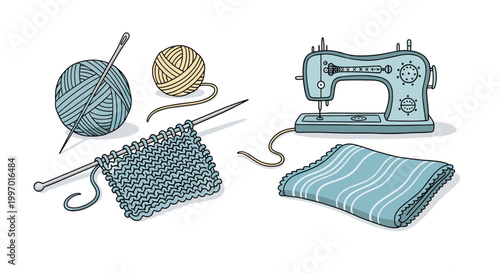 Knitting and sewing supplies including yarn, needles, and a sewing machine