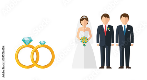 Wedding rings and bridal couple with groomsmen illustration