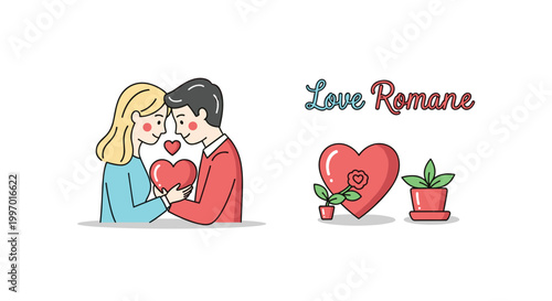 Couple holding a heart, symbolizing love and romance with potted plants and a rose