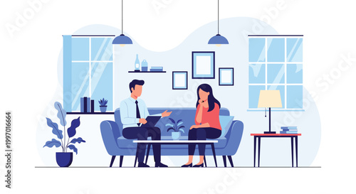 Professional male therapist listening and giving advice to a woman during a counseling session in a cozy office.