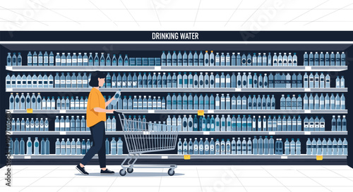 Young woman shopping for bottled water in a well-stocked supermarket aisle with many different brands on shelves.