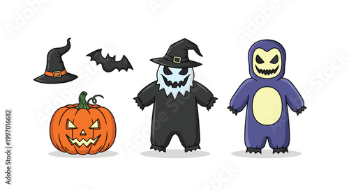 Cute Halloween characters including a pumpkin, witch hat, bat, and costumed figures