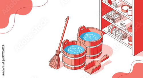 Traditional sauna accessories like wooden buckets with water, a broom, and a scoop in a wellness spa setting.