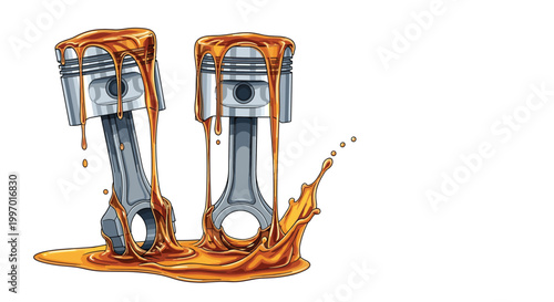 Realistic engine pistons being lubricated with thick golden motor oil to prevent friction and ensure performance.