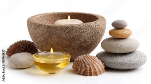 Tranquil Spa Arrangement Featuring Soothing Candles, Natural Stones, and Seashells for Relaxation and Wellness in a Serene Environment