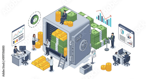 Bank staff managing a large secure vault filled with gold bars and stacks of cash to ensure financial security.