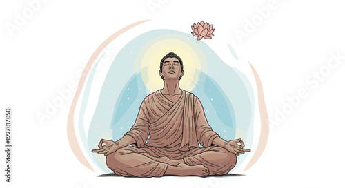 Man meditating in lotus position with serene expression and floating lotus flower above
