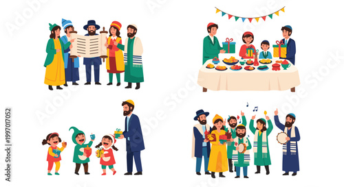 Jewish families celebrating holidays with traditions, gifts, and food