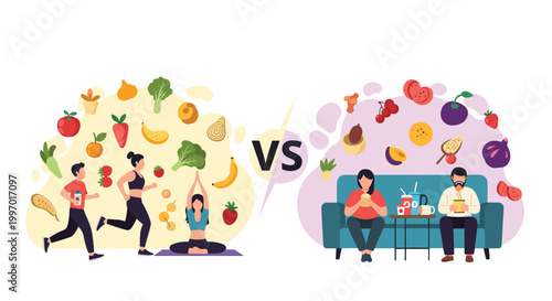 Comparison between a healthy lifestyle with exercise and fresh food versus a sedentary lifestyle with junk food.
