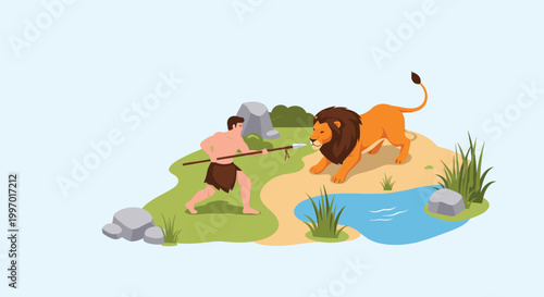 Brave primitive man armed with a spear hunting a large lion in a natural prehistoric landscape near water.
