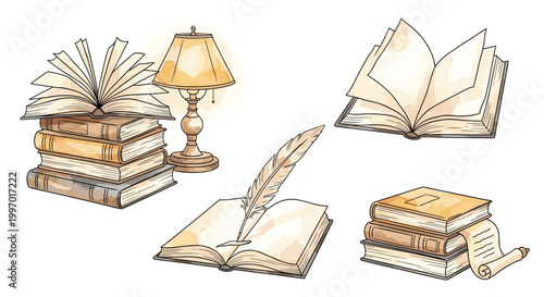 Collection of vintage books and writing tools illuminated by a warm lamp