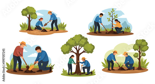 People planting trees together in a collaborative effort for environmental conservation