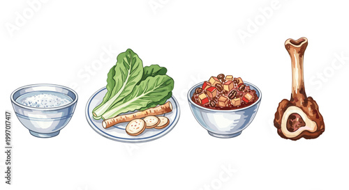 A collection of ingredients for a meal including rice, vegetables, and meat