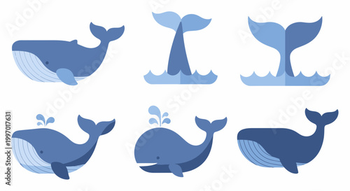 Blue whale icons in various poses.