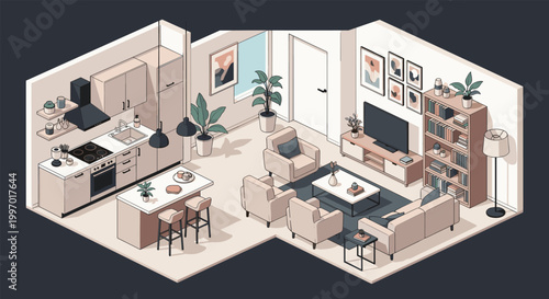 Detailed isometric interior plan of a modern apartment including a kitchen, living room, and various furniture elements.