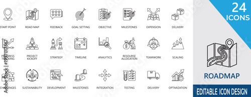 Roadmap editable line Icon Set. mission, optimization,  planning, growth,  timeline,  milestone, and various line art